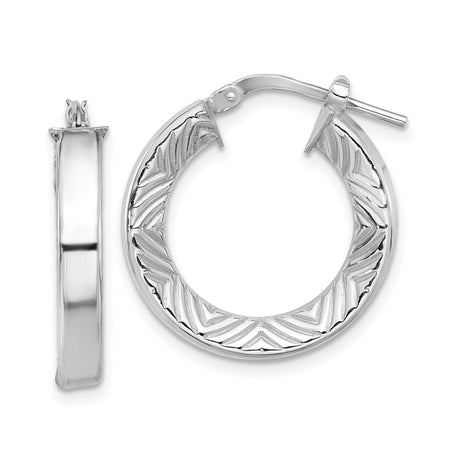 Sterling Silver Hoop Earrings with Chevron Pattern, Geometric Design, Polished Textured Finish