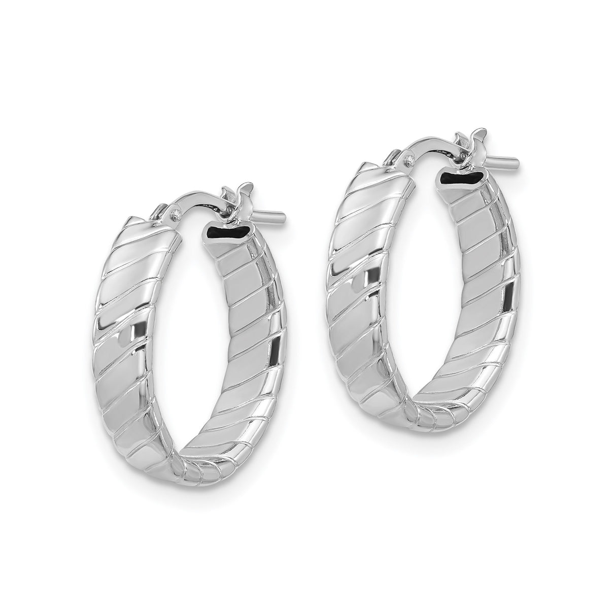 Sterling Silver Hoop Earrings with Twisted Diagonal Design and Polished Rhodium Finish
