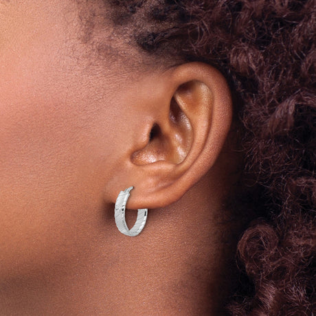 Sterling Silver Hoop Earrings with Twisted Diagonal Design and Polished Rhodium Finish