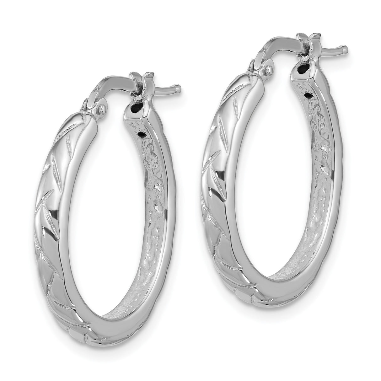 Sterling Silver Hoop Earrings with Polished Leaf Pattern, Lightweight Textured Design