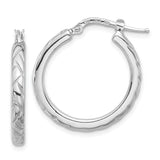 Sterling Silver Hoop Earrings with Polished Leaf Pattern, Lightweight Textured Design