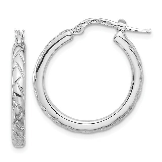 Sterling Silver Hoop Earrings with Polished Leaf Pattern, Lightweight Textured Design