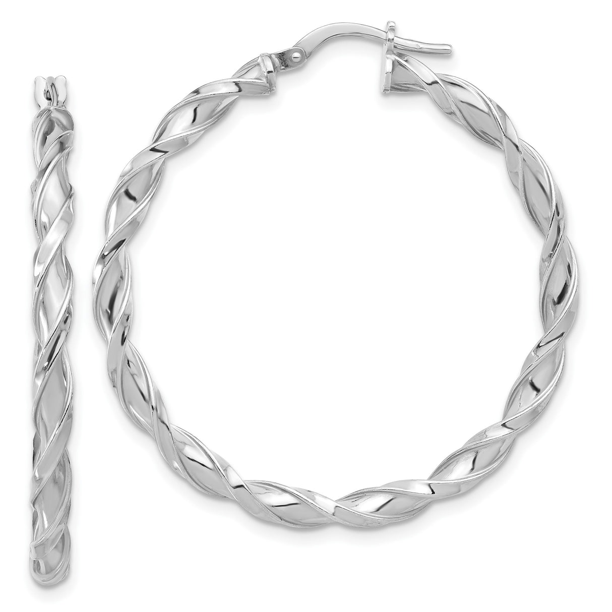 Sterling Silver Twisted Hoop Earrings with Polished Braided Design, Rhodium Plated
