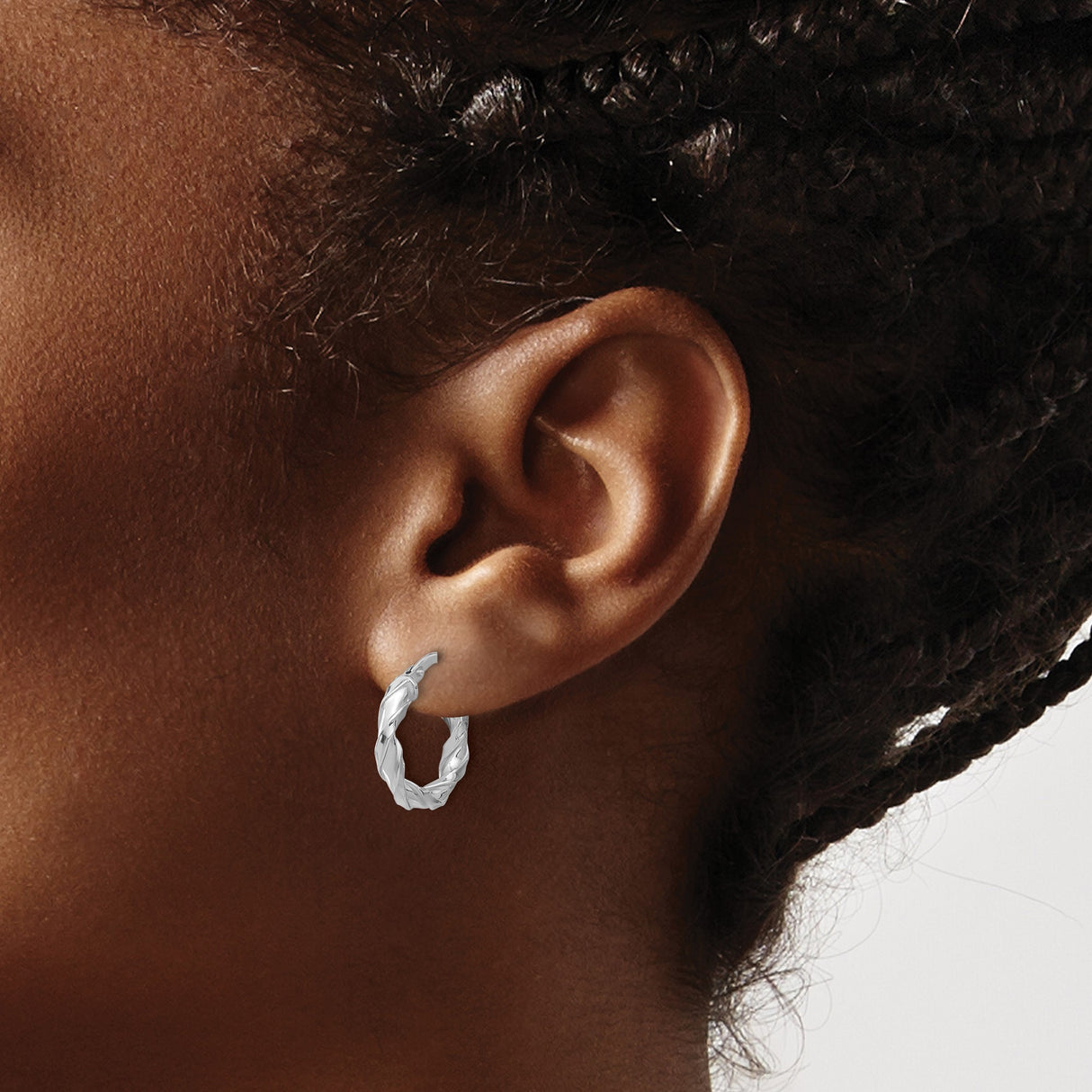Sterling Silver Twisted Hoop Earrings with Braided Design and Rhodium Plating