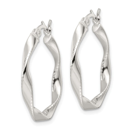 Sterling Silver Twisted Hoop Earrings with Ridged Texture and High Polish Finish