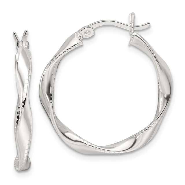 Sterling Silver Twisted Hoop Earrings with Ridged Texture and High Polish Finish