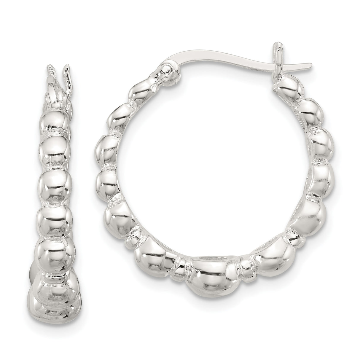 Sterling Silver Hoop Earrings with Graduated Polished Beads, Classic Round Minimalist Design