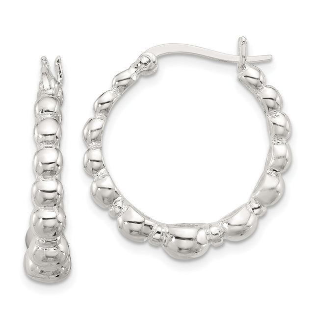 Sterling Silver Hoop Earrings with Graduated Polished Beads, Classic Round Minimalist Design