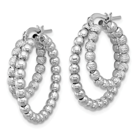 Sterling Silver Hoop Earrings with Polished and Textured Beaded Design, Rhodium Plated, Italian Made