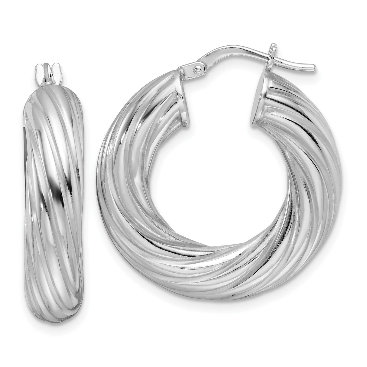 Sterling Silver Twisted Hoop Earrings with Polished Ribbed Texture for Women