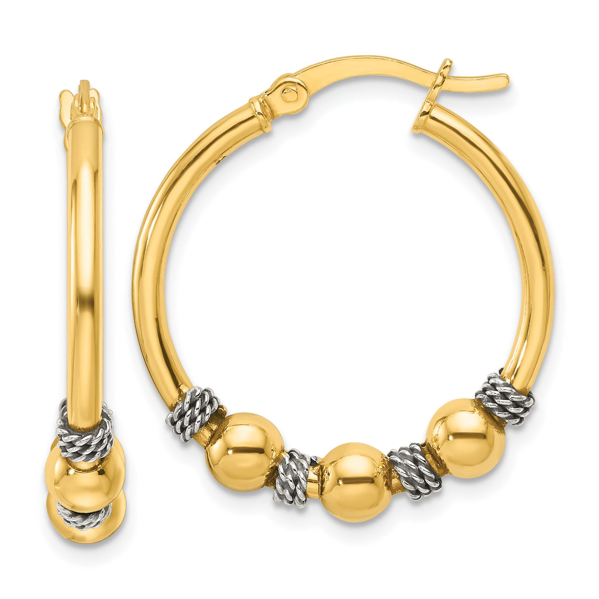 Sterling Silver Hoop Earrings with 14k Gold Plated Beads and Twisted Rope Spacers for Women