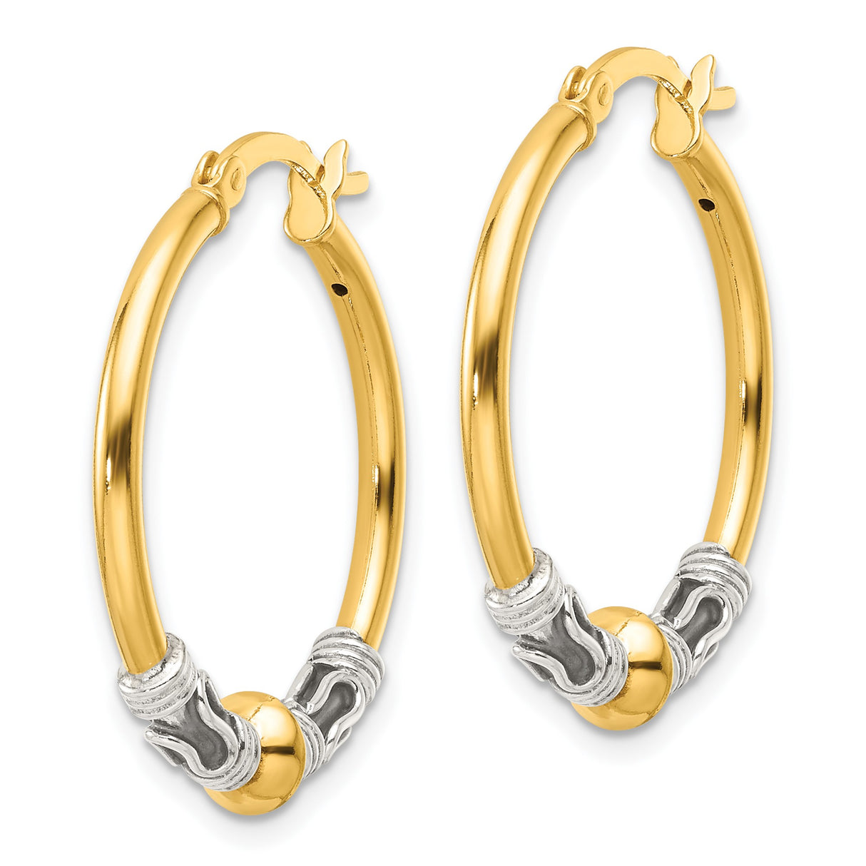 Sterling Silver and 14k Yellow Gold Hoop Earrings, Bali Style Scrollwork Design for Women