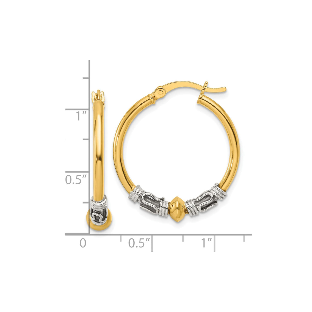 Sterling Silver and 14k Yellow Gold Hoop Earrings, Bali Style Scrollwork Design for Women
