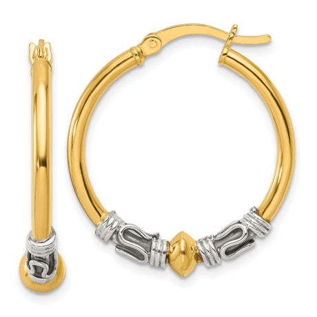 Sterling Silver and 14k Yellow Gold Hoop Earrings, Bali Style Scrollwork Design for Women