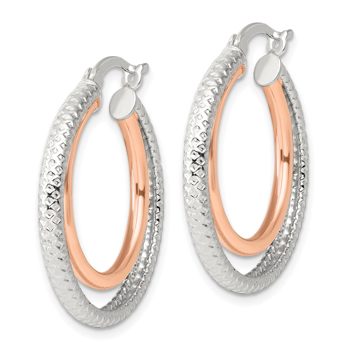 Sterling Silver Hoop Earrings, Rose Gold Two-Tone, Diamond Cut, Textured Dual Layer Design