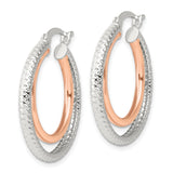 Sterling Silver Hoop Earrings, Rose Gold Two-Tone, Diamond Cut, Textured Dual Layer Design