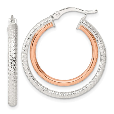 Sterling Silver Hoop Earrings, Rose Gold Two-Tone, Diamond Cut, Textured Dual Layer Design
