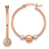 Sterling Silver Hoop Earrings with Rose Gold Tone Beads, Two-Tone Minimalist Design for Women
