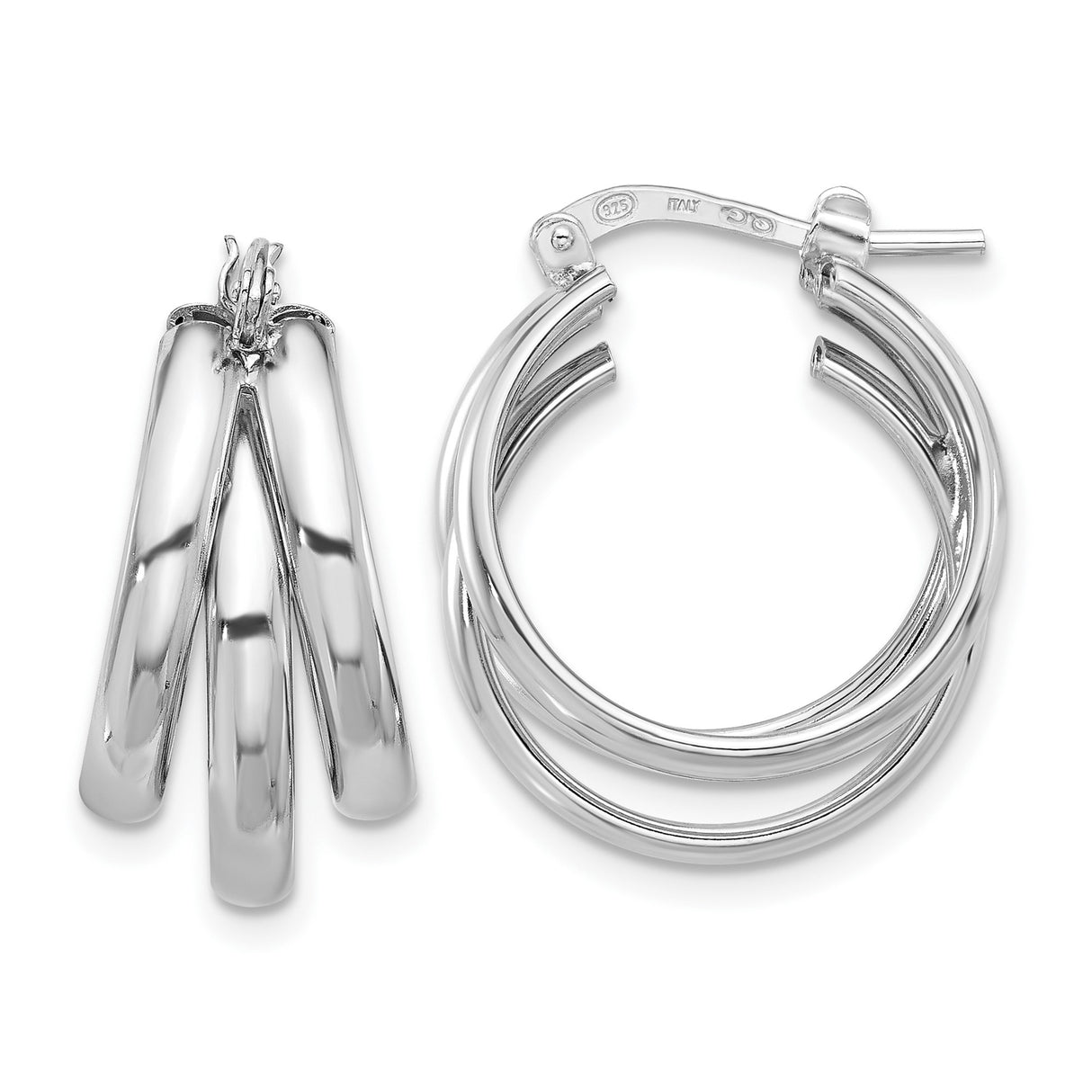 Sterling Silver Hoop Earrings, Interlocking Triple Band Design, Polished Modern Style