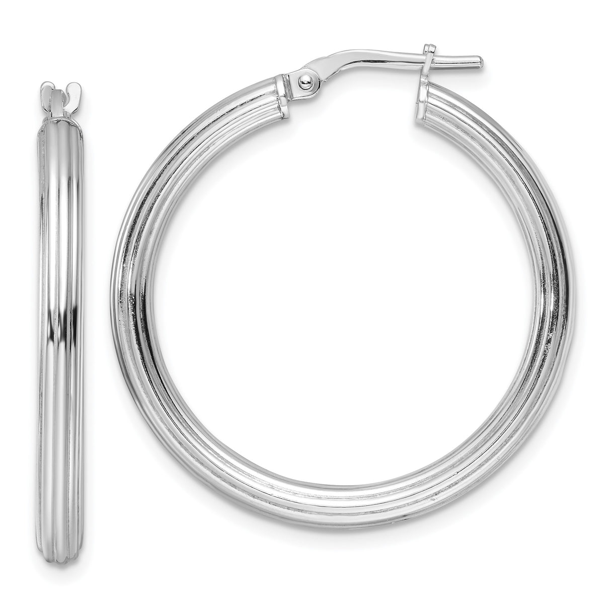 Sterling Silver Hoop Earrings with Grooved Ridged Design and Polished Finish