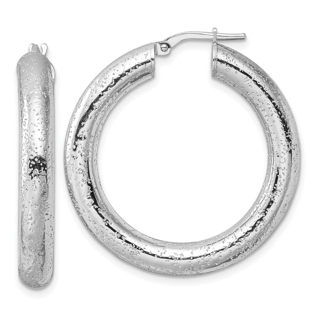 Sterling Silver Hoop Earrings, Thick Hammered Dome Design, Rhodium Plated Statement Jewelry