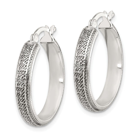 Sterling Silver Hoop Earrings with Greek Key Pattern and Textured Finish