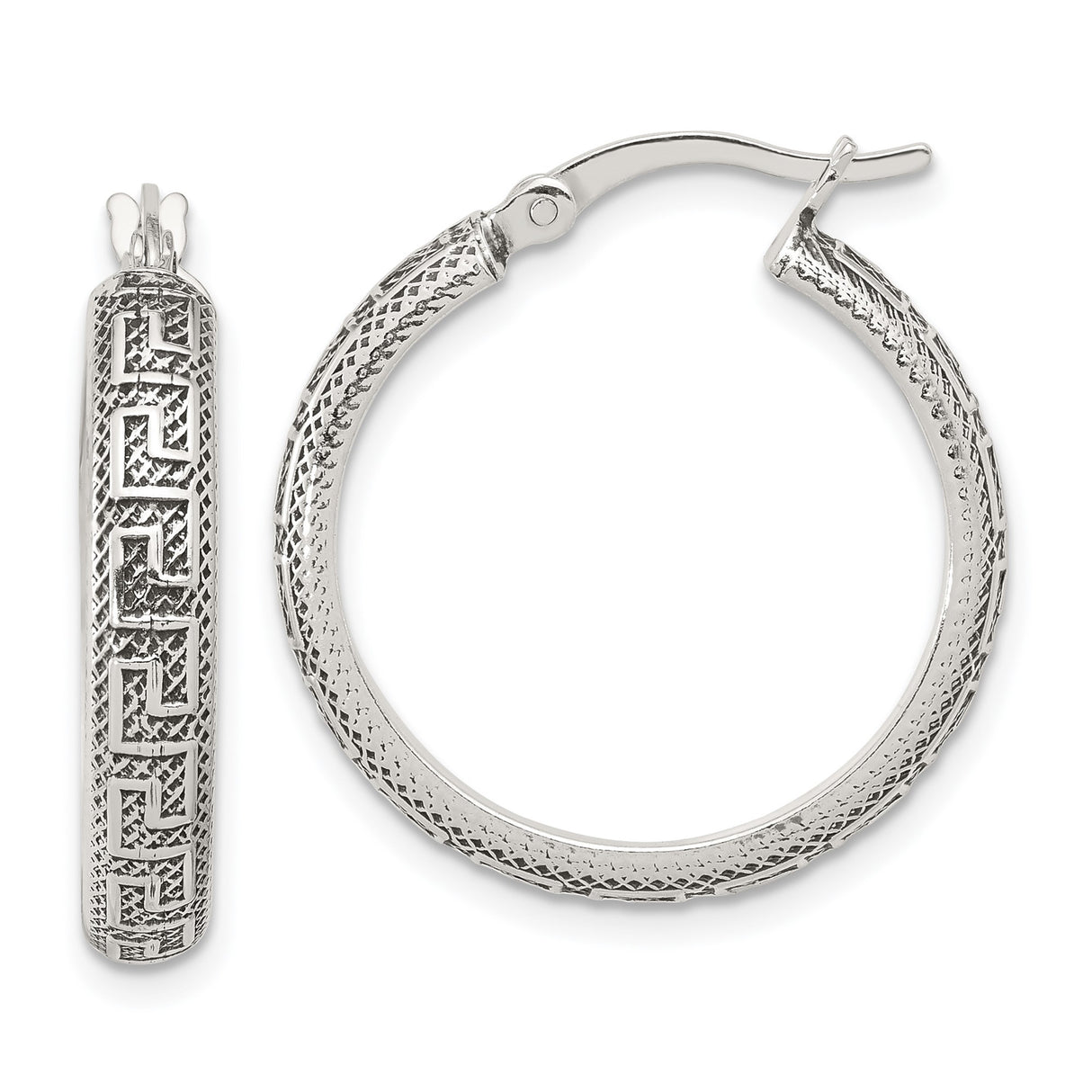 Sterling Silver Hoop Earrings with Greek Key Pattern and Textured Finish