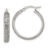 Sterling Silver Hoop Earrings with Greek Key Pattern and Textured Finish