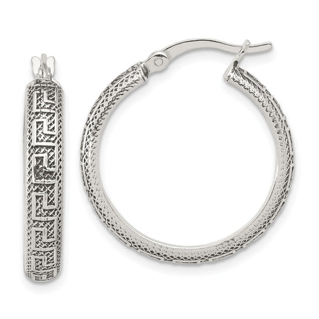 Sterling Silver Hoop Earrings with Greek Key Pattern and Textured Finish