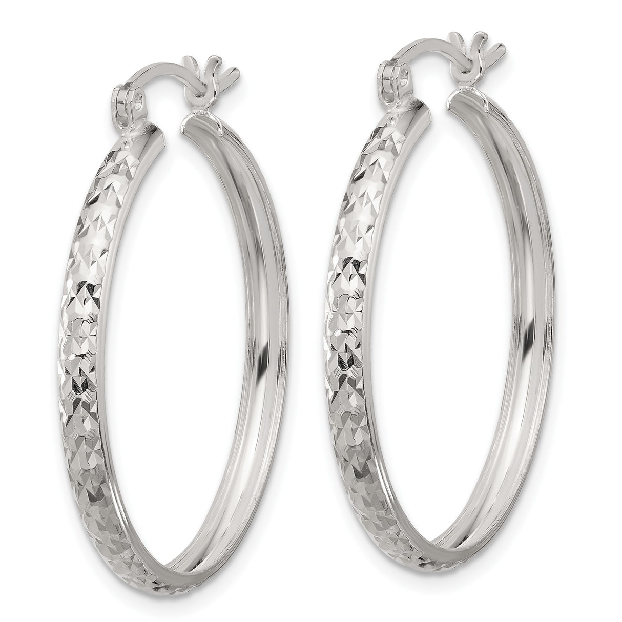 Sterling Silver Hoop Earrings with Textured Diamond Cut Finish and Latch Closure