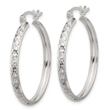 Sterling Silver Hoop Earrings with Textured Diamond Cut Finish and Latch Closure
