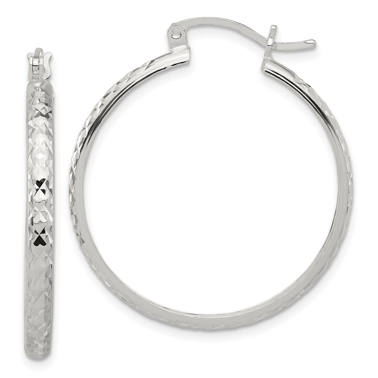 Sterling Silver Hoop Earrings with Textured Diamond Cut Finish and Latch Closure