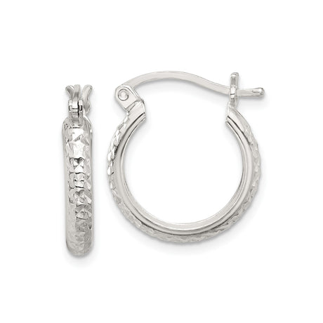 Sterling Silver Hoop Earrings with Hammered Finish and Star Pattern, Latch Back Design