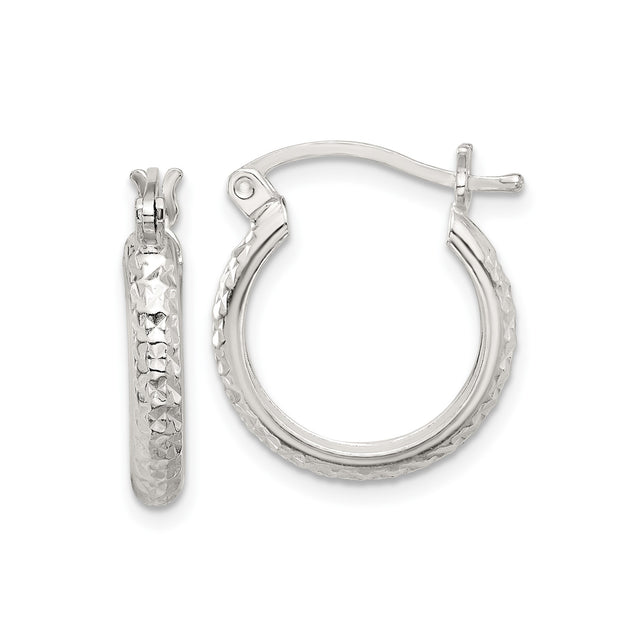 Sterling Silver Hoop Earrings with Hammered Finish and Star Pattern, Latch Back Design