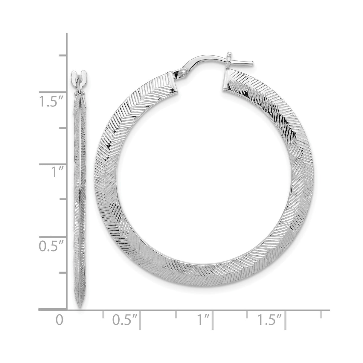 Sterling Silver Hoop Earrings with Textured Chevron Pattern and Latch Back Closure
