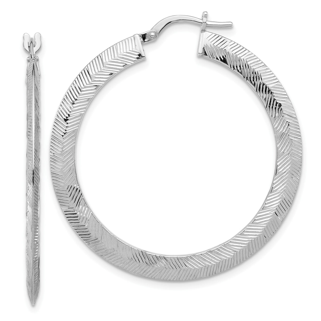 Sterling Silver Hoop Earrings with Textured Chevron Pattern and Latch Back Closure