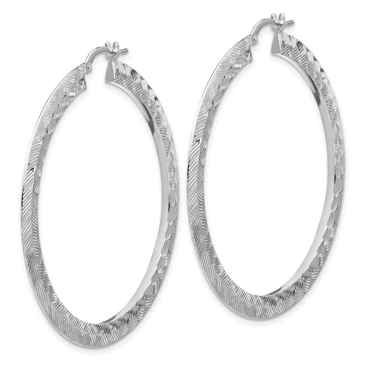 Sterling Silver Hoop Earrings, Textured Chevron Pattern, Lightweight Large Round Design