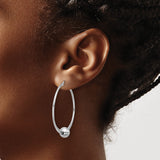 Sterling Silver Hoop Earrings with Polished Round Bead, Rhodium Plated Minimalist Style
