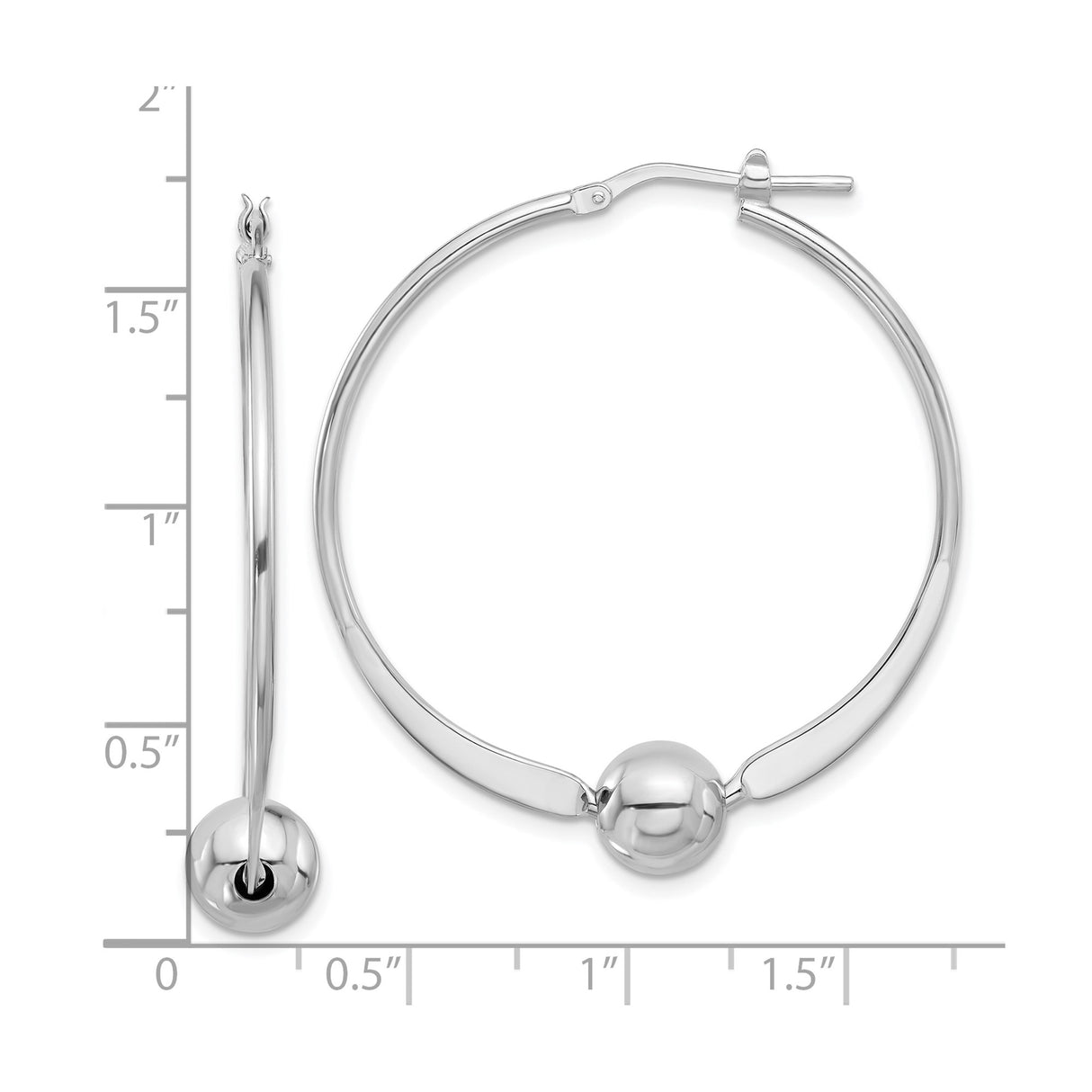 Sterling Silver Hoop Earrings with Polished Round Bead, Rhodium Plated Minimalist Style