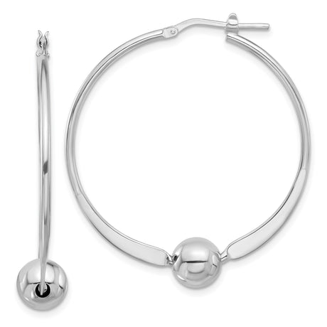 Sterling Silver Hoop Earrings with Polished Round Bead, Rhodium Plated Minimalist Style