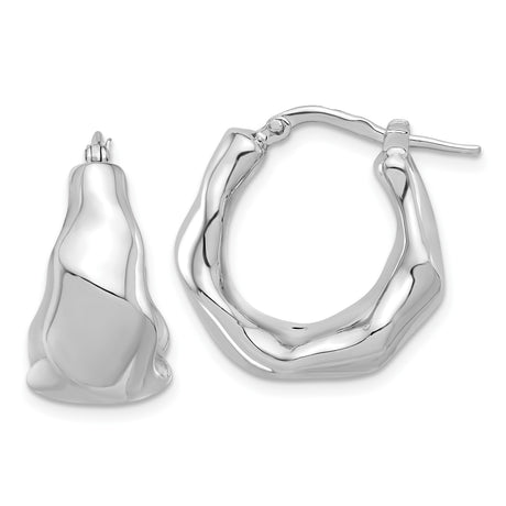 Sterling Silver Hoop Earrings, Abstract Organic Sculptural Design, Polished Rhodium Finish
