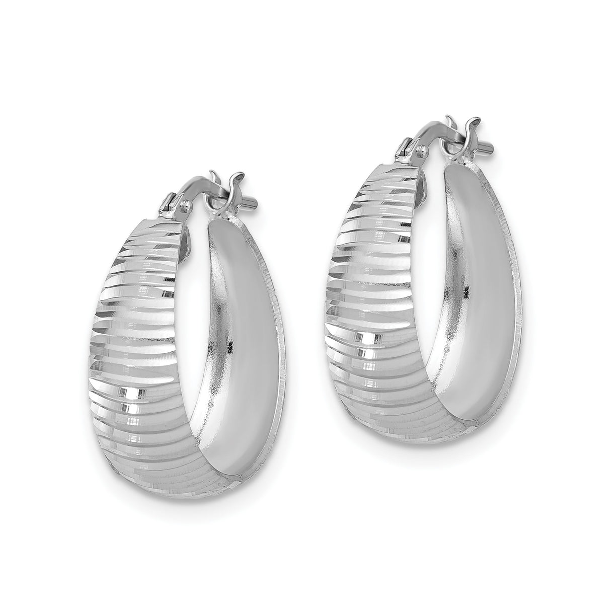 Sterling Silver Hoop Earrings, Textured Diamond Cut Striped Design, Lightweight Polished Finish