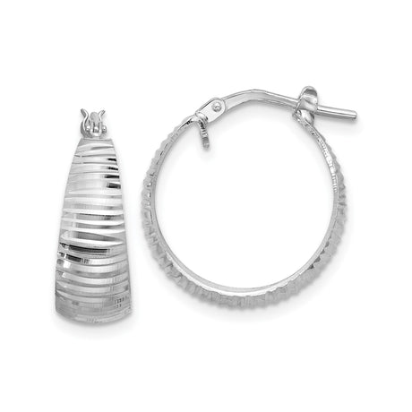 Sterling Silver Hoop Earrings, Textured Diamond Cut Striped Design, Lightweight Polished Finish