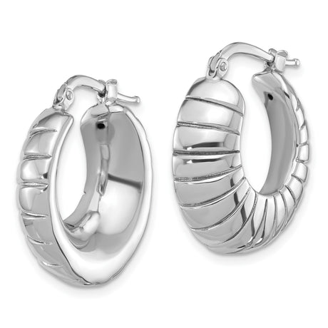 Sterling Silver Hoop Earrings with Ridged Scalloped Design, Polished Textured Finish