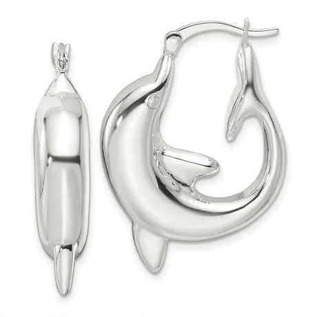 Sterling Silver Dolphin Hoop Earrings, Polished Marine Life Inspired Ocean Theme Jewelry
