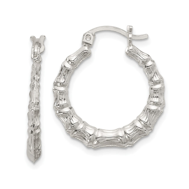 Sterling Silver Hoop Earrings, Bamboo Style Textured Design, Boho Chic Jewelry for Women