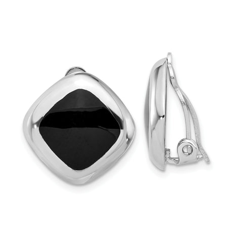Sterling Silver Clip-On Earrings for Women, Black Onyx Cushion Shape, Non-Pierced Modern Geometric Design, Polished Finish, Bold Statement Jewelry for Formal or Everyday Silver Tone Wear