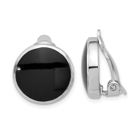 Sterling Silver Clip-On Earrings for Women with Round Black Onyx Inlay, Minimalist Non-Pierced Design for Formal and Daily Wear, Lightweight Polished Finish, Timeless Silver Jewelry Style