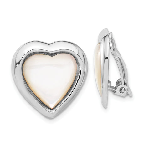 Sterling Silver Heart Shaped Clip-On Earrings for Women with Smooth Mother of Pearl Inlay, Elegant Non Pierced Classic Jewelry, Symbol of Love Design for Everyday or Special Occasion Wear