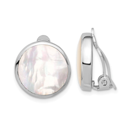 Sterling Silver Round Clip-On Earrings for Women with Smooth Mother of Pearl Inlay, Non Pierced Design for Everyday or Formal Wear, Minimal Polished Silver Style with Subtle Shell Finish